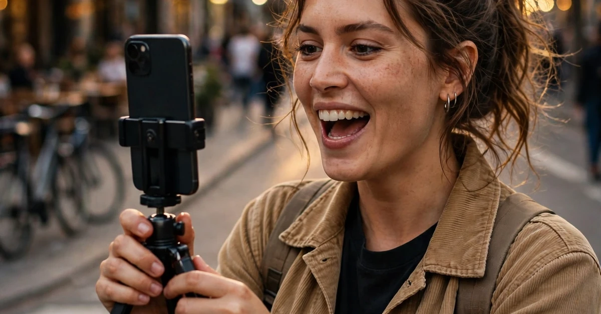 A smiling creator filming herself outdoors on a city street with a smartphone mounted on a small tripod.