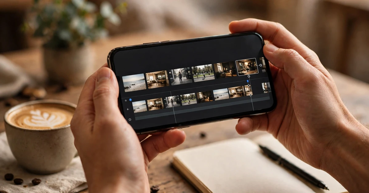 Hands holding a smartphone showing a short story video timeline, with a coffee cup and notebook on a wooden table.