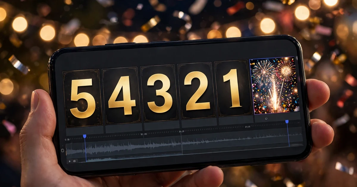 Smartphone showing a New Year countdown video editing timeline with number clips and a celebration clip at the end among confetti and party lights