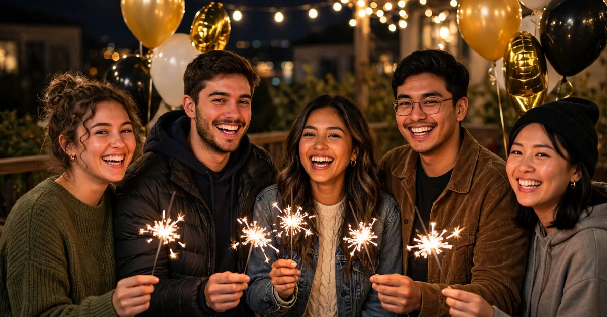 Friends celebrating New Year with sparklers and balloons at midnight under warm party lights
