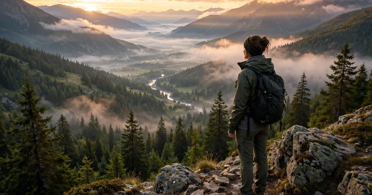 Traveller with a backpack standing on a rocky mountain viewpoint overlooking a misty valley at sunrise