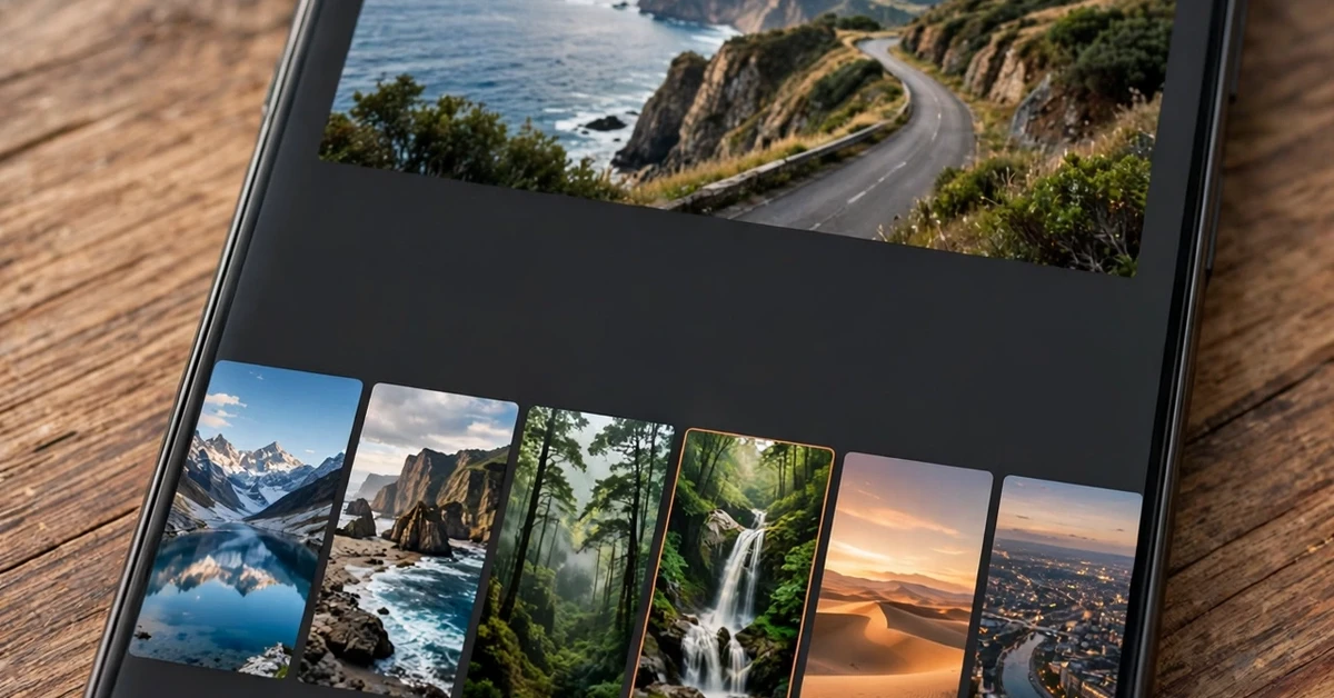 Smartphone showing a coastal road travel clip above a strip of scenic thumbnails and a video editing timeline