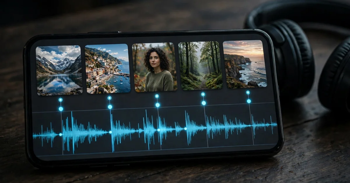 Editing timeline with five photo clips trimmed to glowing beat markers on an audio waveform