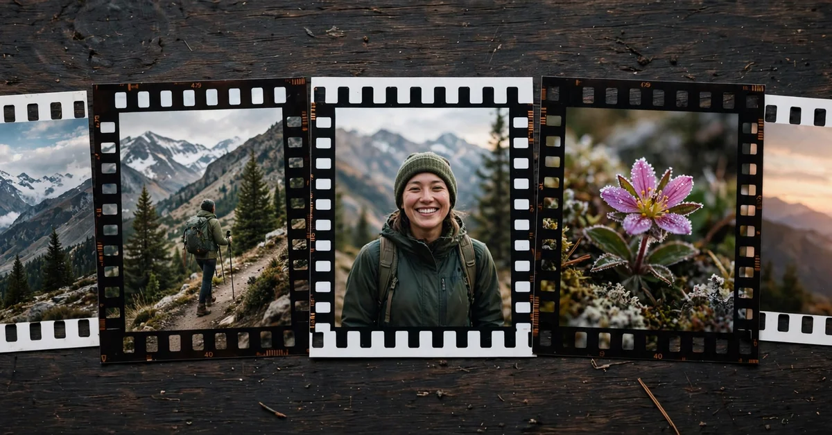 Five photos arranged in story order from a wide opening landscape through portrait and detail shots to a final sunset scene