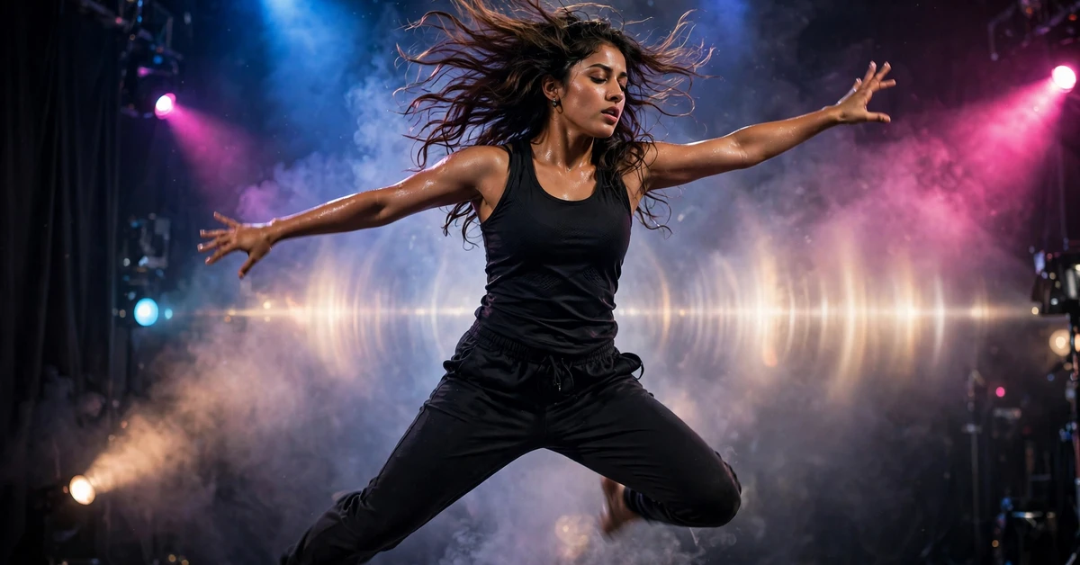 A dancer mid-jump on a stage under blue and pink spotlights with atmospheric haze.