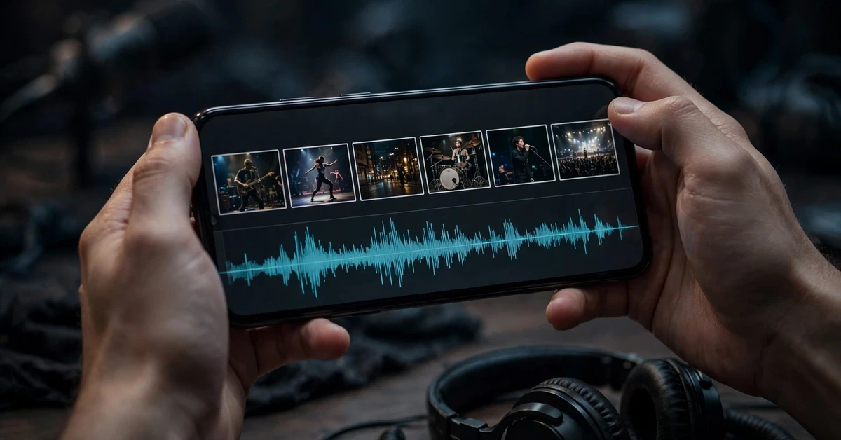 Hands holding a smartphone showing six music performance clips above an audio waveform, with headphones on the table.