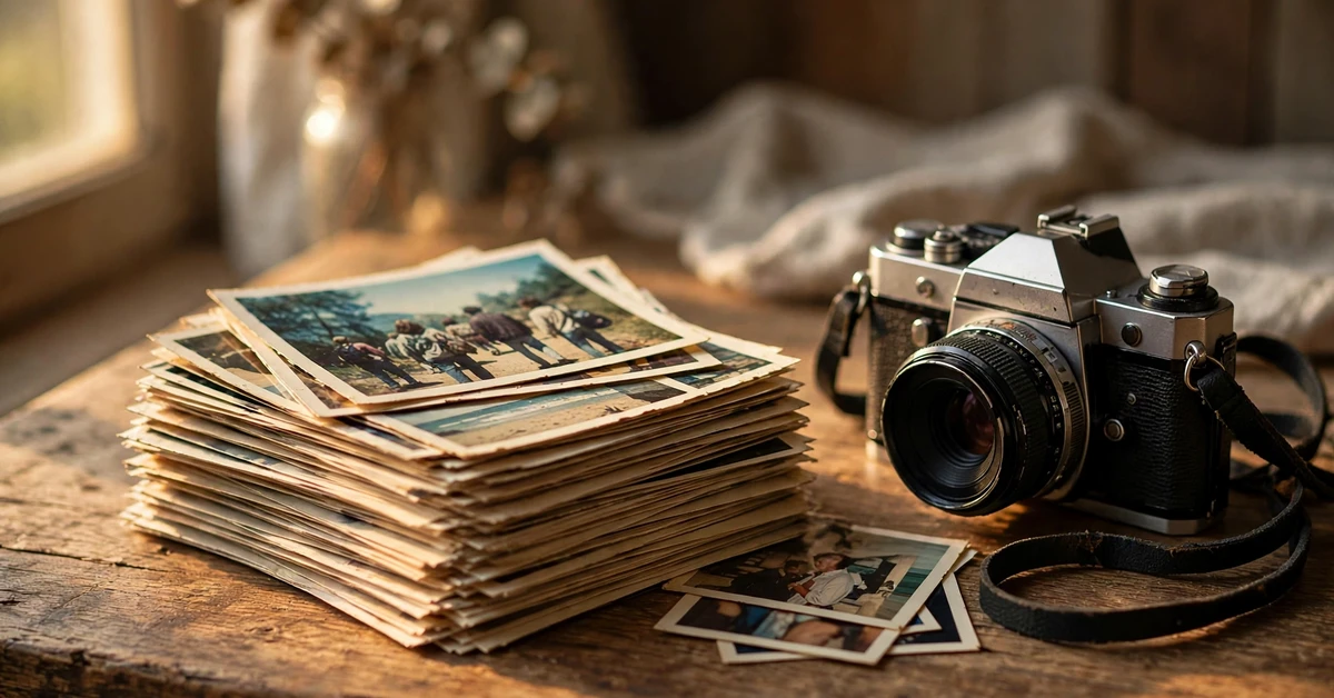 Stack of vintage printed photographs beside a classic film camera on a wooden table in warm sunlight