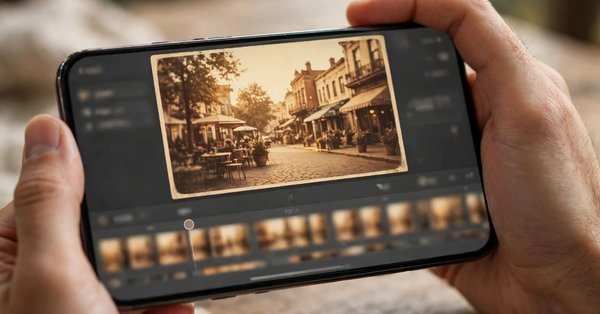 Hand holding a smartphone showing a sepia retro street photo above a photo editing timeline
