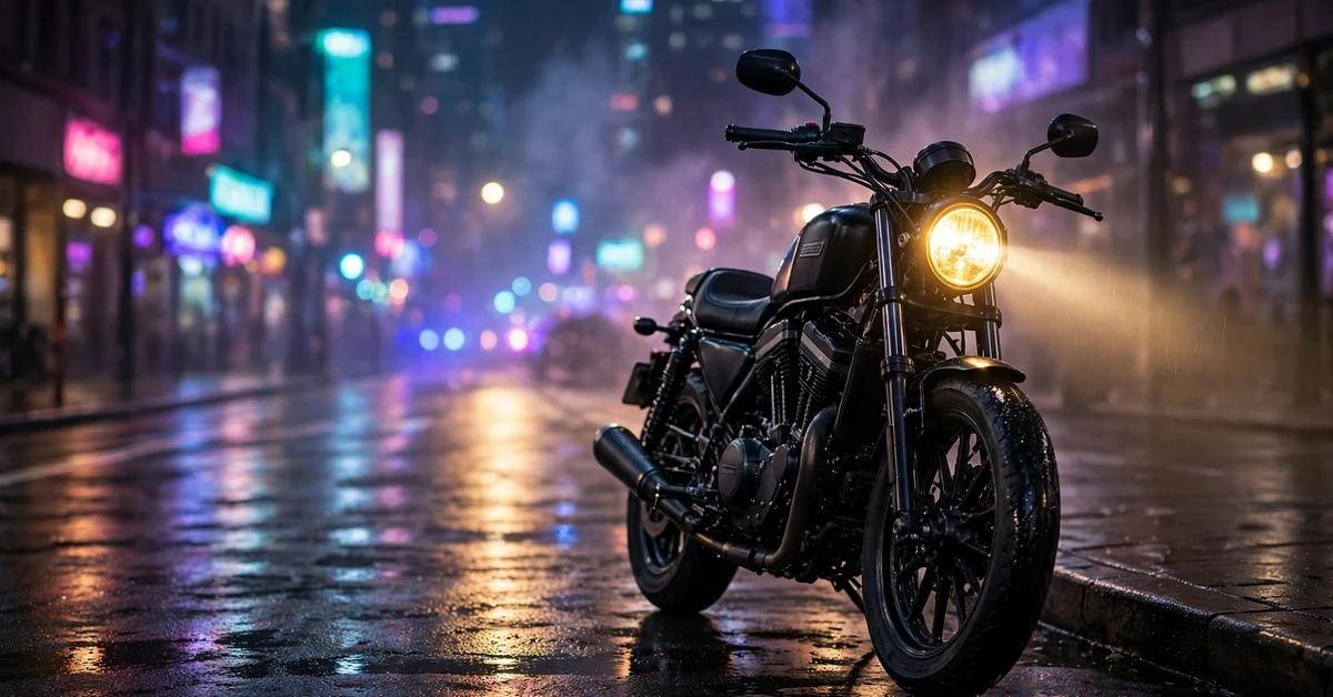 A black motorcycle with its headlight glowing, parked on a wet city street at night surrounded by colorful neon lights