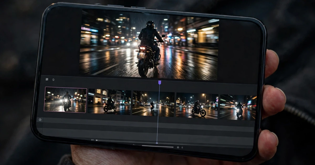 A hand holding a smartphone showing a night ride video editing timeline with motorcycle night-ride clips