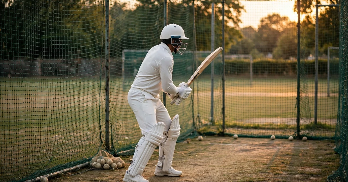A generic cricketer in white kit, helmet and pads holding a bat in a batting stance inside practice nets at a local ground in warm evening light, with cricket balls on the ground