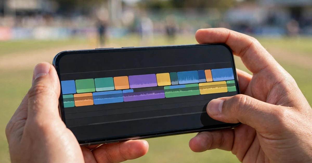 Hands holding a smartphone horizontally showing a colourful video editing timeline with audio waveforms, against a blurred cricket ground background