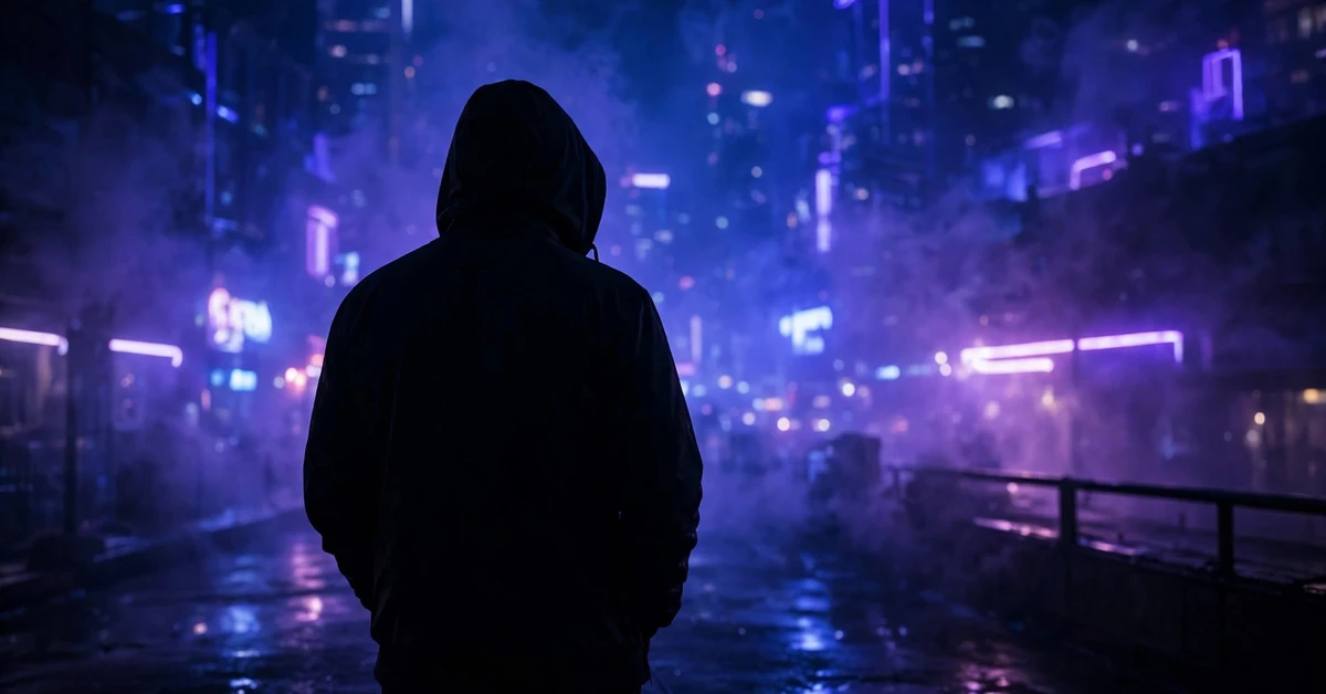 A silhouetted person in a hooded jacket standing on a wet neon-lit city street at night under blue and purple lights.