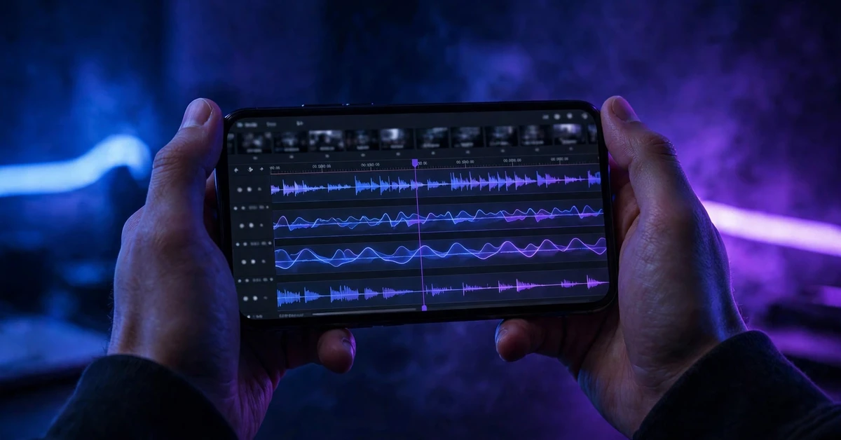 Hands holding a smartphone horizontally while editing a dark video timeline with audio waveforms in a neon-lit room.