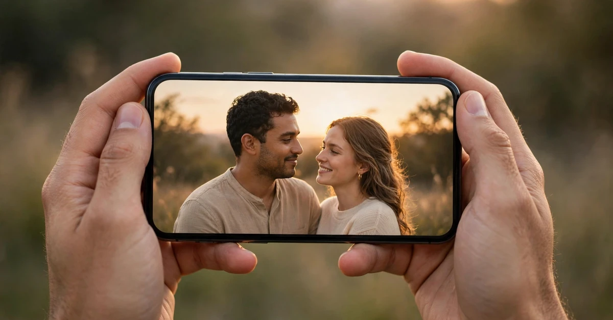 Hands holding a smartphone showing a smiling couple in soft warm sunset light