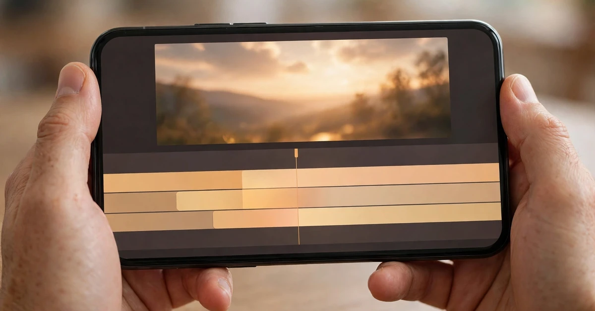 Hands holding a smartphone showing a calm video editing timeline with soft warm clips and a sunset preview, with no readable text on screen