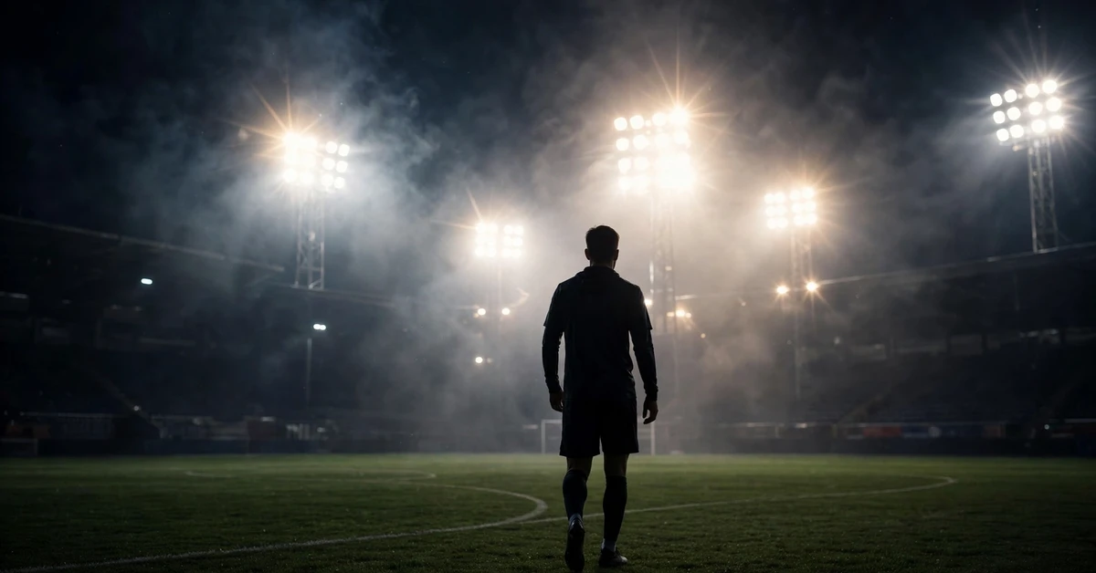A silhouetted footballer seen from behind standing on a pitch at night, facing bright stadium floodlights in mist