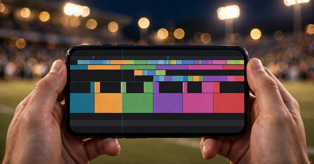 Hands holding a smartphone horizontally showing a colourful multi-track video editing timeline, against a blurred floodlit football stadium at night
