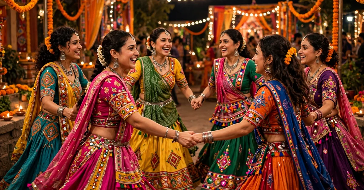 Women in colourful Gujarati chaniya choli dancing Garba in a circle at a Navratri celebration with festive lights
