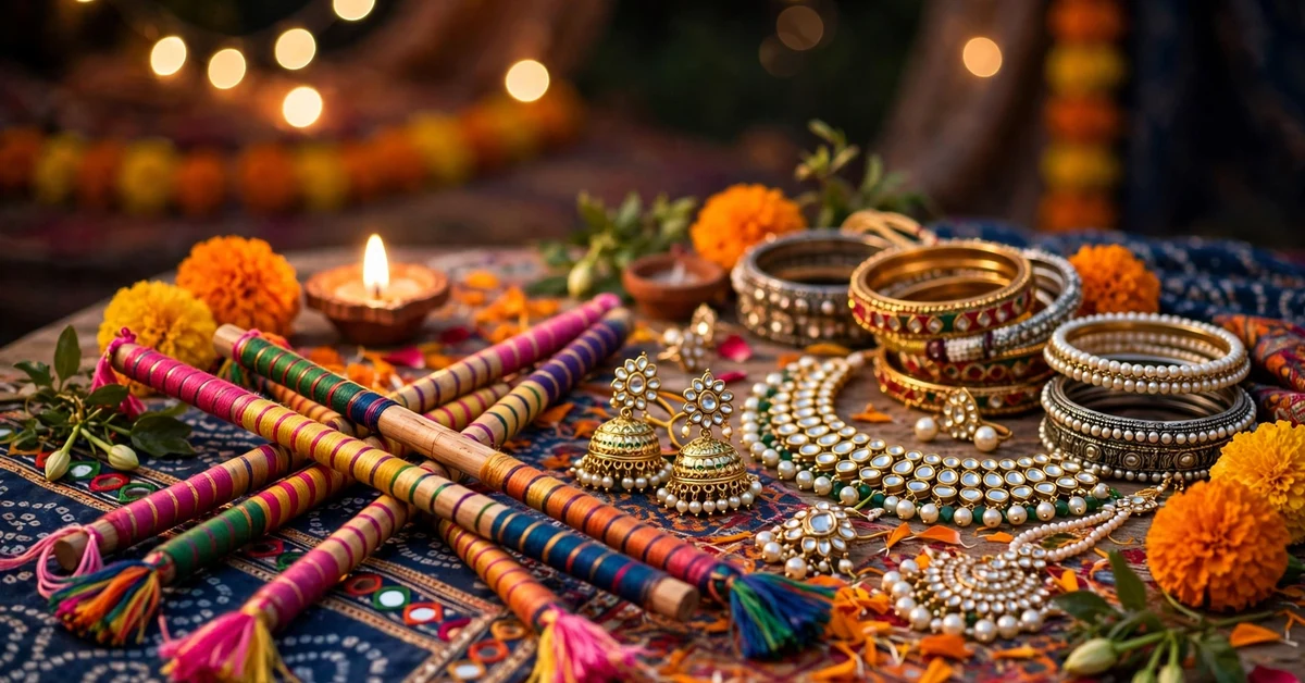 Colourful dandiya sticks and traditional jewellery arranged on a decorated table at a Garba night celebration