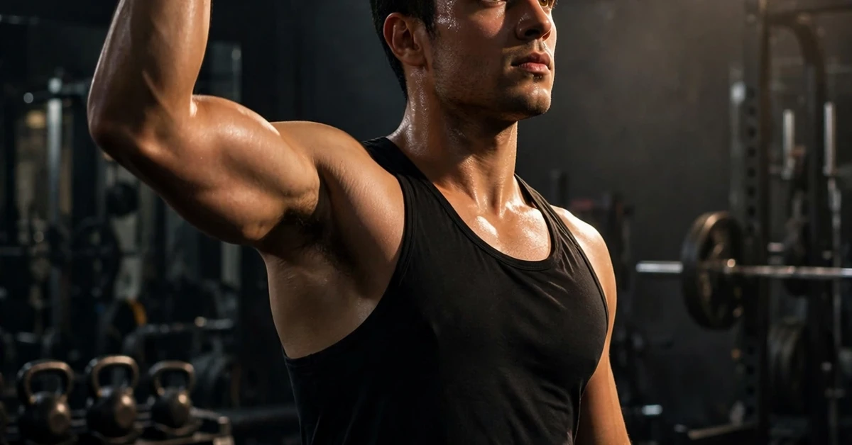 A man in a black tank top lifting a dumbbell overhead in a dimly lit gym under dramatic lighting