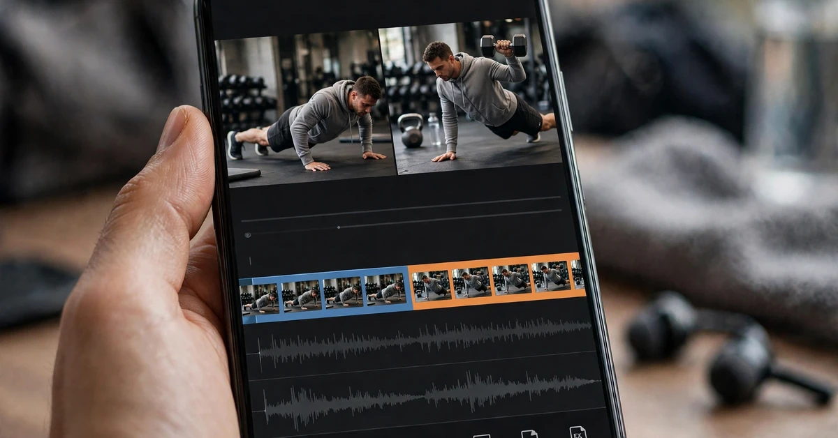 A hand holding a smartphone showing a gym progress video editing timeline with before-and-after style workout clips