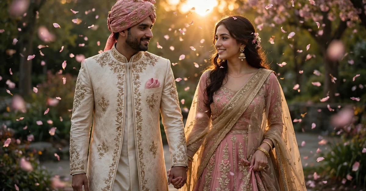 Romantic couple in traditional outfits walking through falling flower petals in golden evening light