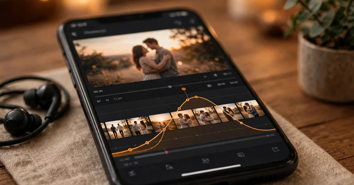 Smartphone showing a slow motion video editing timeline with a speed curve graph over romantic video clips