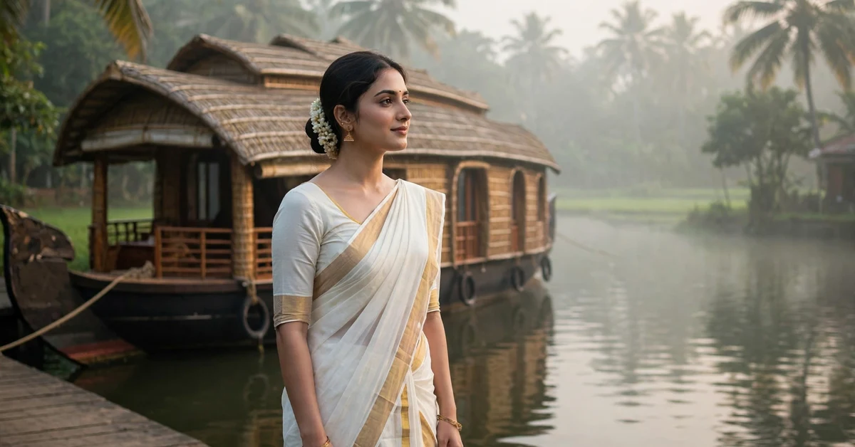 Woman in a traditional Kerala kasavu saree in soft morning light near a backwater scene