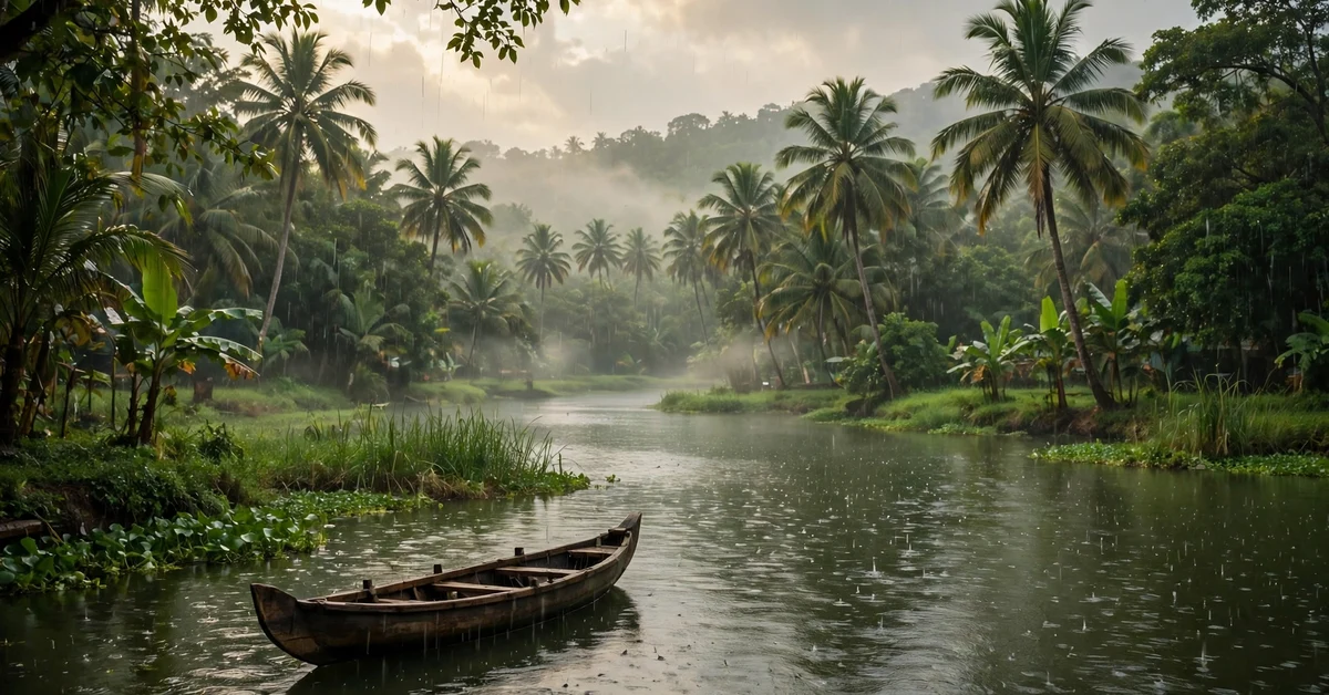 Gentle rain over green Kerala backwaters with a small boat in soft cinematic light
