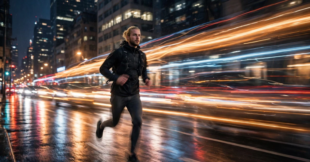 Runner sprinting through a rainy city street at night with streaking motion-blur light trails