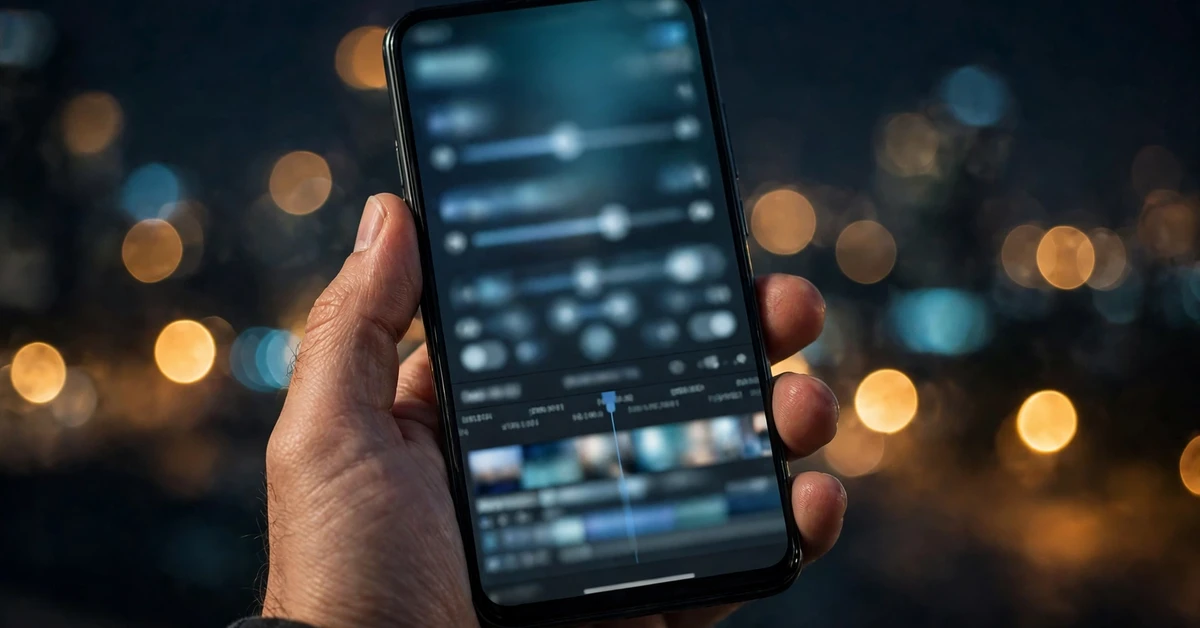 Hand holding a smartphone showing video editing sliders and a timeline against night city lights