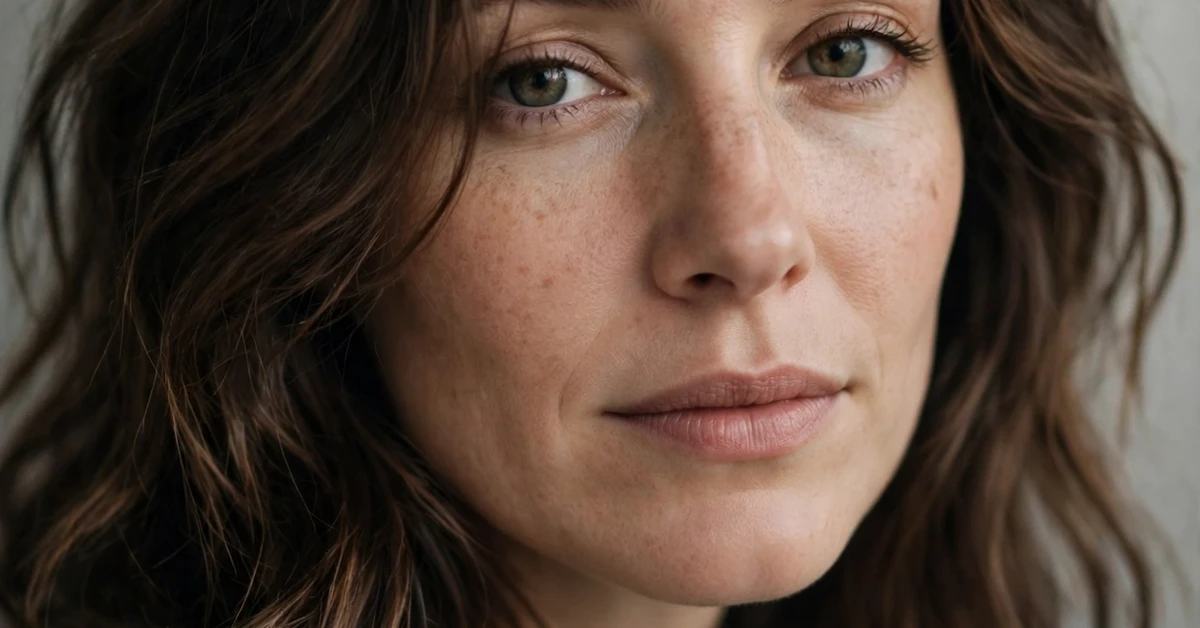 Close-up portrait of a woman with long brown hair wearing a beige sweater in soft studio light against a plain background