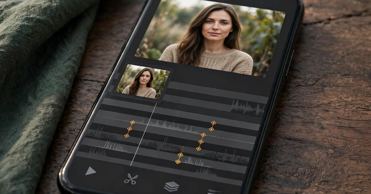 Smartphone on a wooden surface showing a portrait photo above a video editing timeline with gold keyframe markers