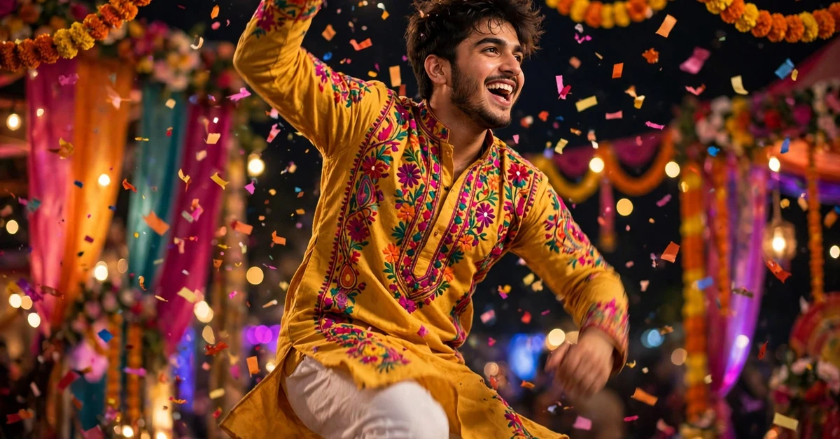 Young man dancing energetically at a Punjabi celebration with colourful lights and confetti