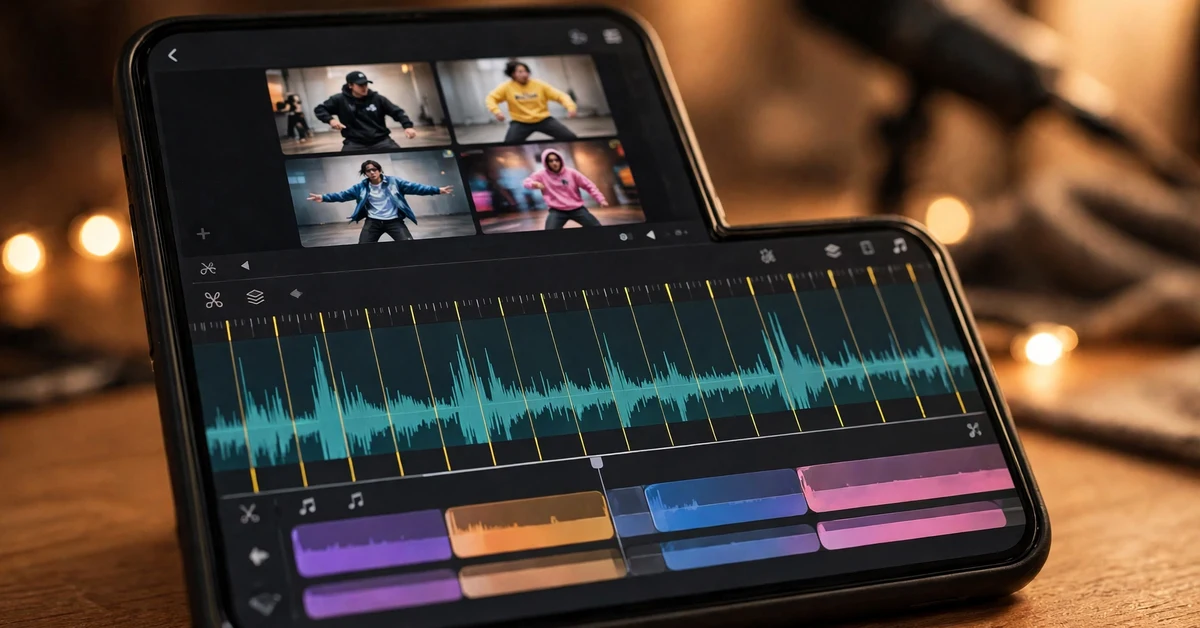 Smartphone showing a music video editing timeline with beat markers on an audio waveform and dance video clips