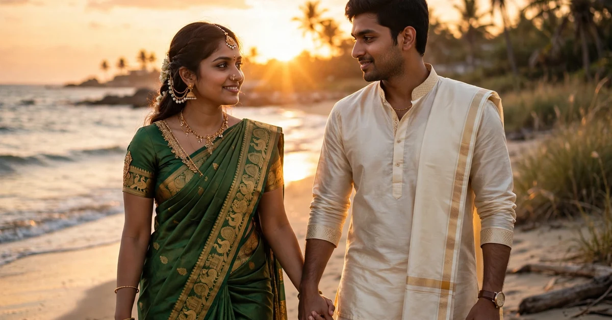 Tamil couple in traditional outfits holding hands on a beach at sunset in soft golden light