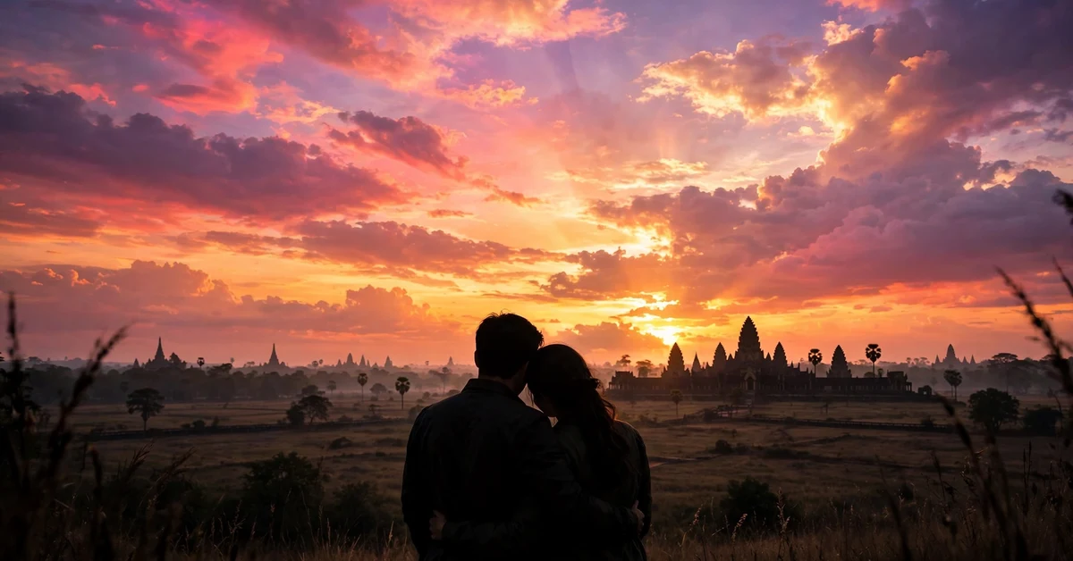 Couple silhouetted against a colourful sunset sky with temple towers in the distance