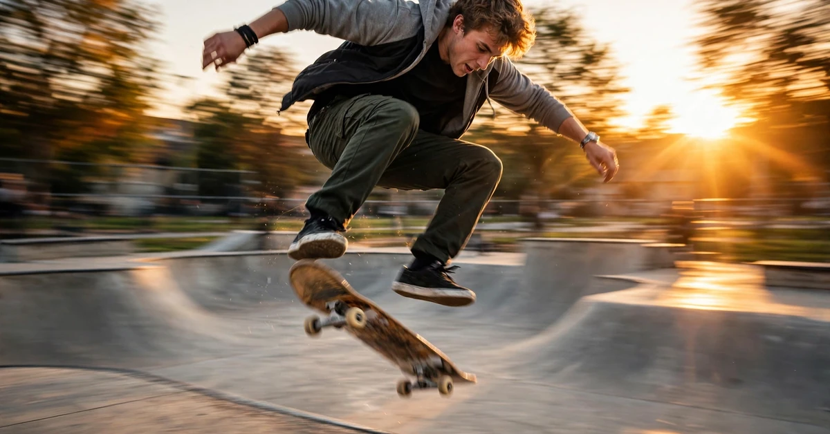 A skateboarder mid-trick above his board in a skate park at golden hour, with dynamic motion blur