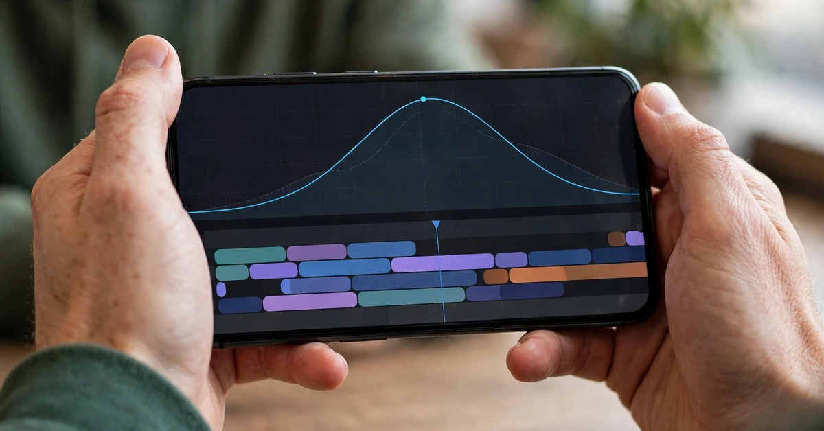 Hands holding a smartphone showing a video editing timeline with a speed curve graph above colourful clips, with no readable text on screen