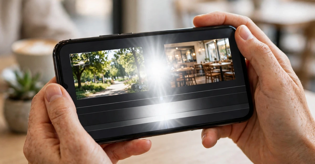 Hands holding a smartphone showing two video clips joined by a bright white flash on the editing timeline.