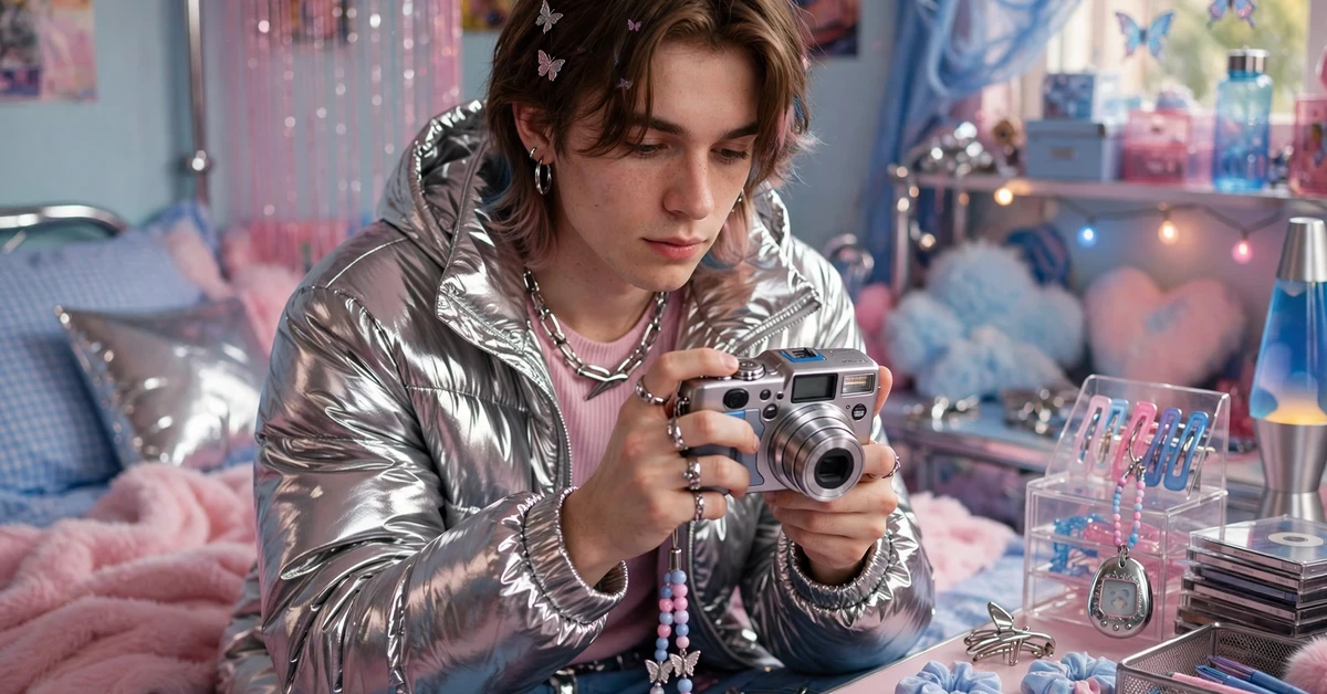 A young person in a shiny silver jacket holding an early-2000s digital camera in a pastel pink and blue retro bedroom.