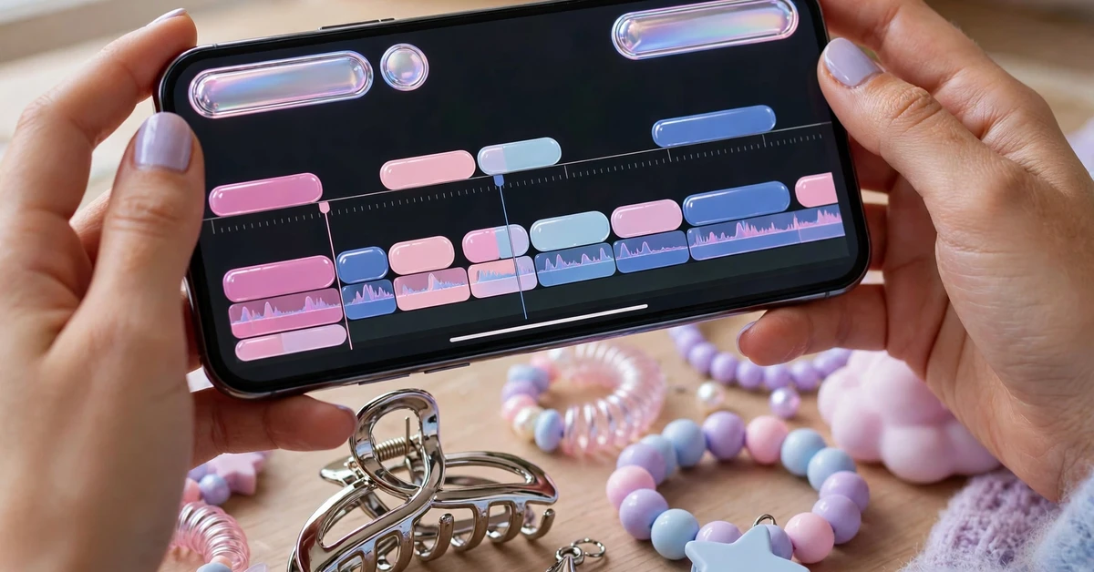 Hands holding a smartphone showing a pink and blue video editing timeline, surrounded by pastel Y2K hair accessories.