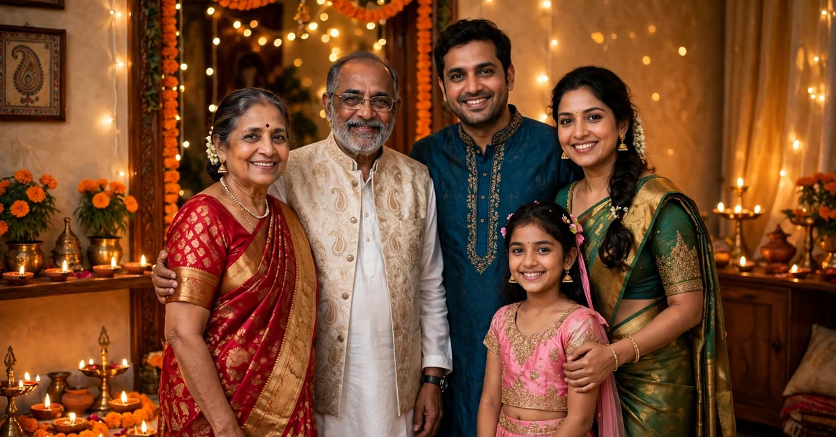 Festive family portrait in traditional outfits among lit diyas marigold garlands and fairy lights