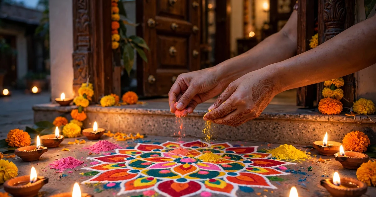 Hands arranging a colourful rangoli at a doorway surrounded by lit diyas and marigold flowers
