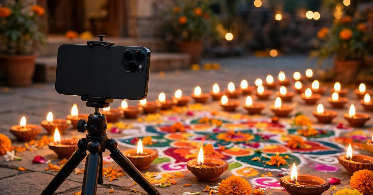 Smartphone on a tripod filming a Diwali scene with rows of lit diyas and a colourful rangoli