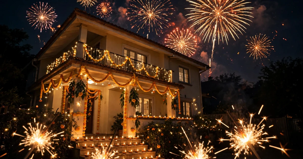 Sparklers and fireworks lighting up a night sky above a house decorated with diyas and fairy lights for Diwali