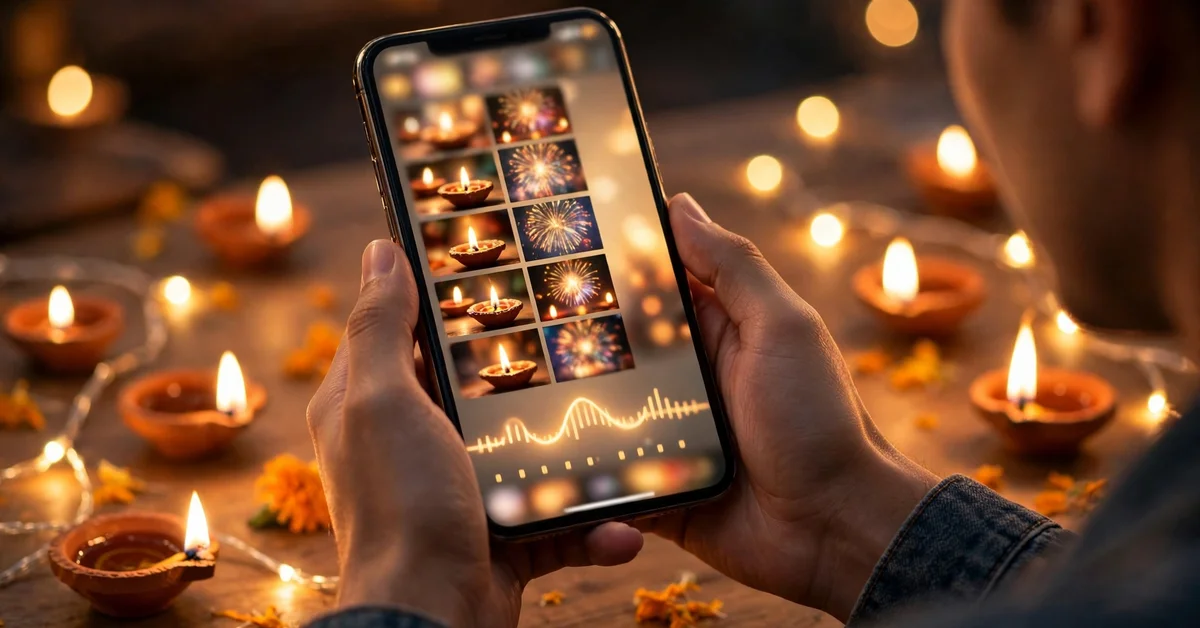 Smartphone showing a Diwali reel editing timeline with clip thumbnails and beat markers on the audio waveform