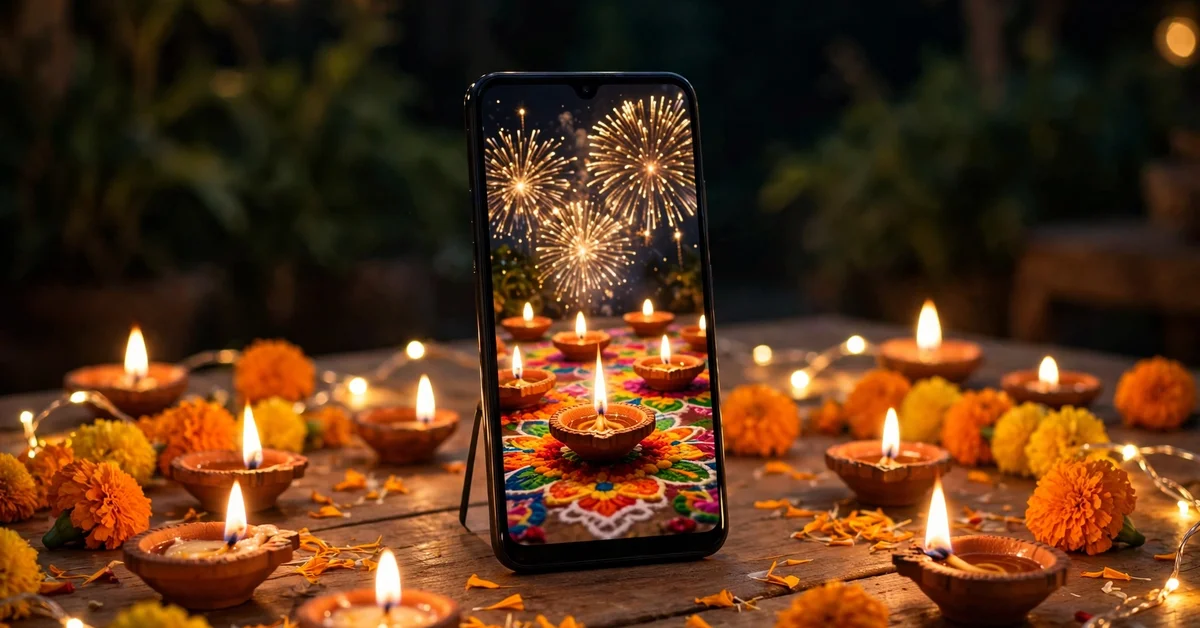 Finished vertical Diwali reel playing on a phone surrounded by lit diyas, marigolds and fairy lights