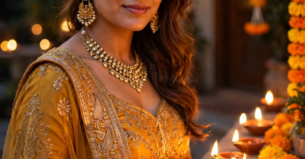 Woman in a traditional Diwali outfit with gold jewellery beside glowing diyas and marigold decorations